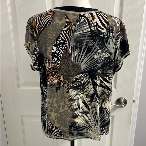 Joseph Ribkoff Top Black/Tan Jungle Print V Neck Cap Sleeve 2 Way Zipper Size 18 - Picture 9 of 12